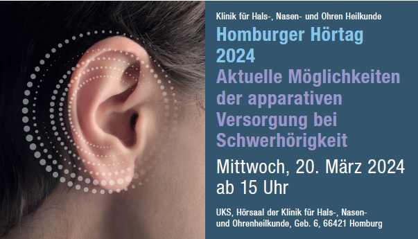 Ein Ohr mit Schallwellen und Veranstaltungshinweise in Text zum Hörtag in Homburg 